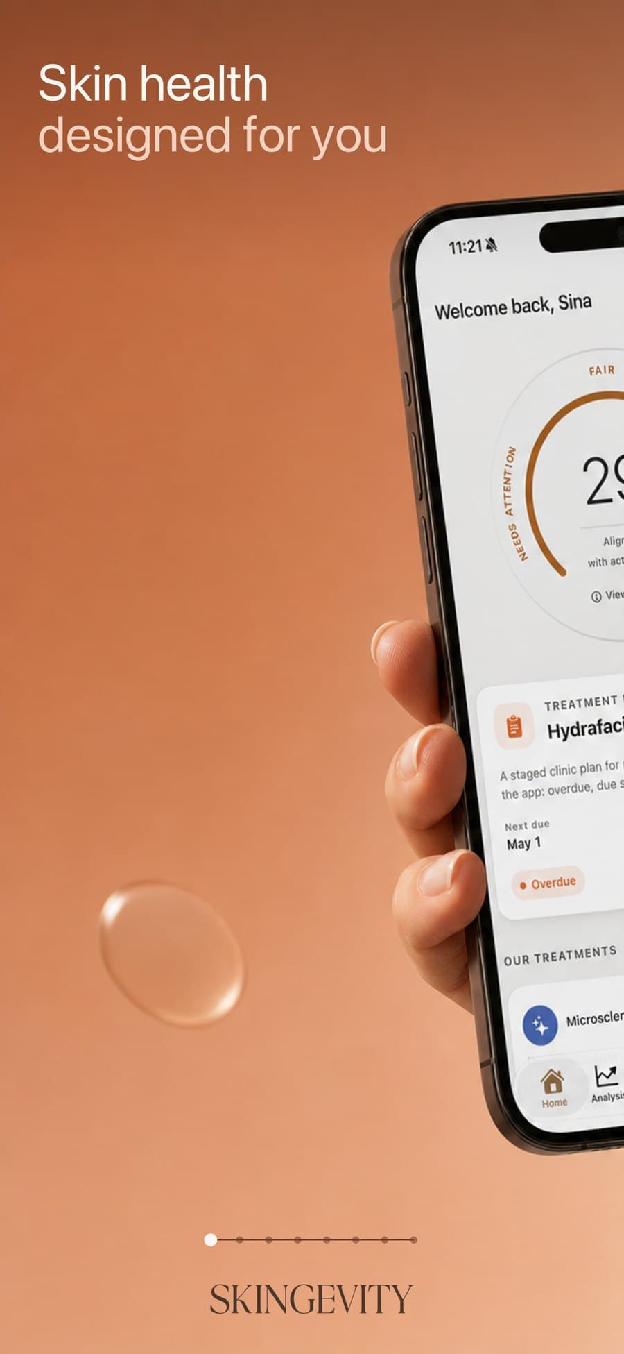Skingevity home screen showing the TruSkin Age gauge and treatment plan card
