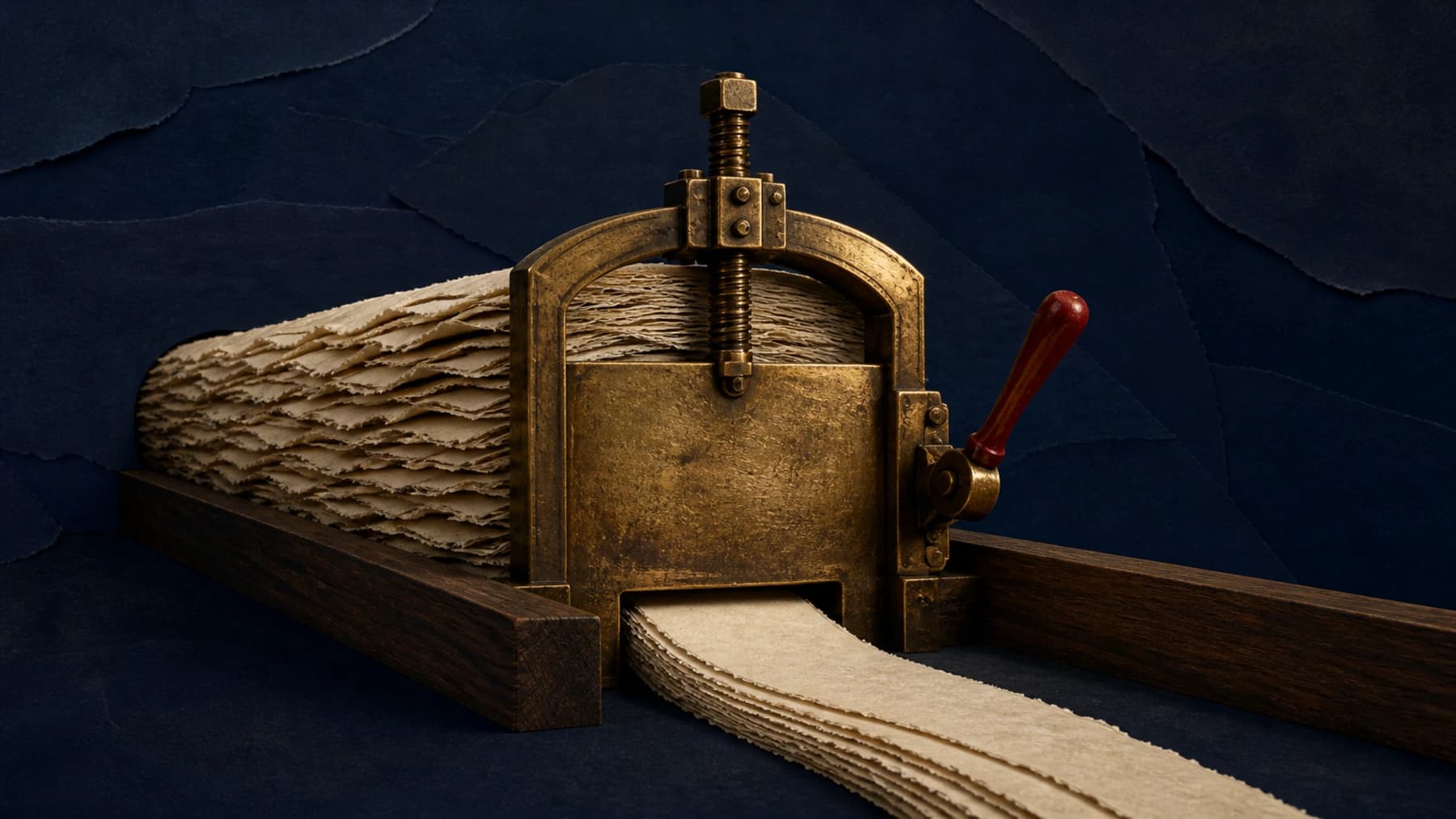 An aged-brass sluice gate admits a narrow stream of cream paper from a compressed queue, controlled by one oxblood safety lever.