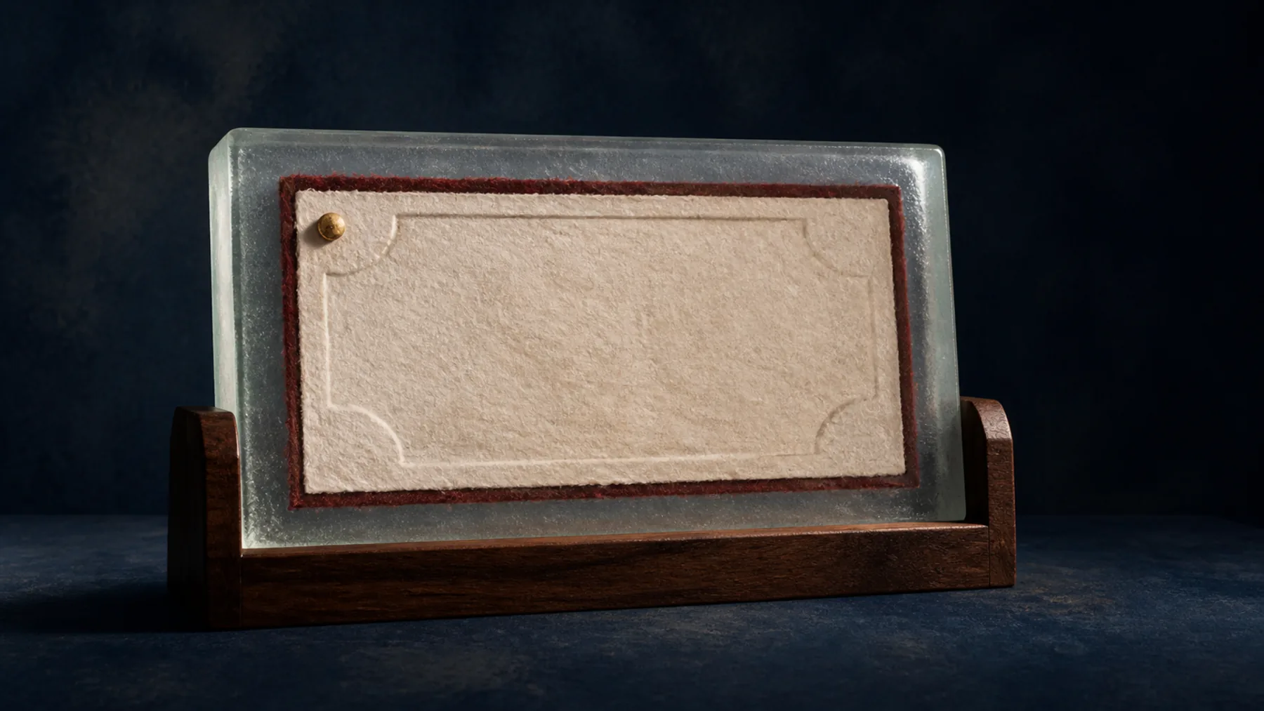 A blank cream paper form contained inside a frosted-glass tile with an oxblood felt boundary and walnut cradle.