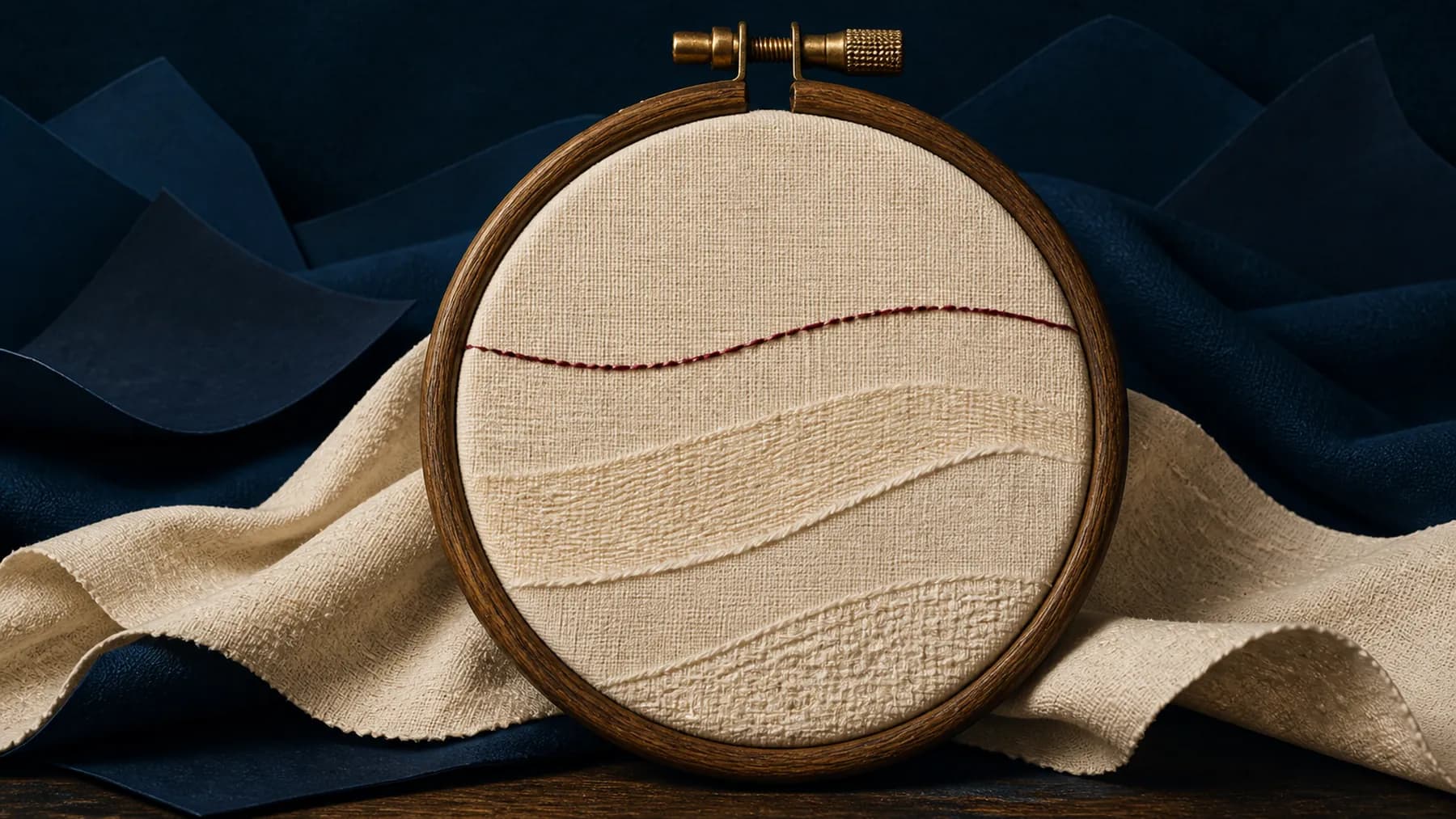 A walnut embroidery hoop frames one curated cream textile patch while the larger fabric document folds away outside its boundary.