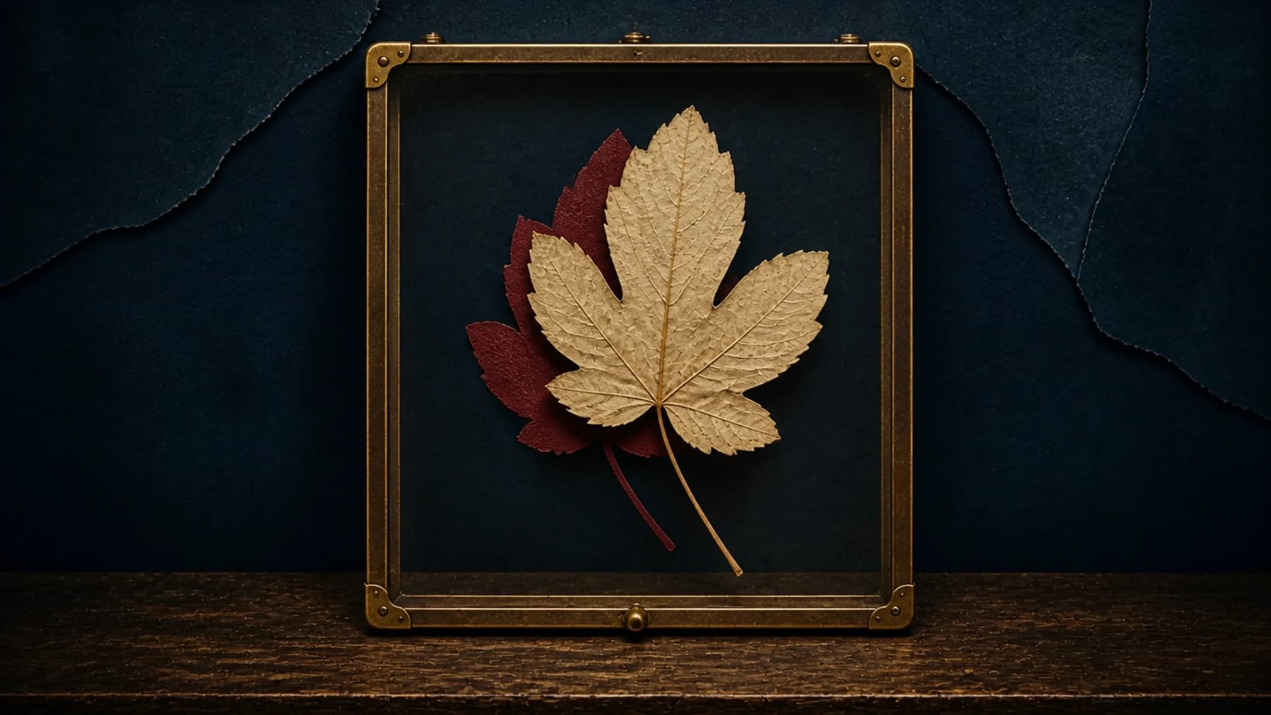 A cream-paper leaf has shifted away from its oxblood reference silhouette inside a single aged-brass registration frame.