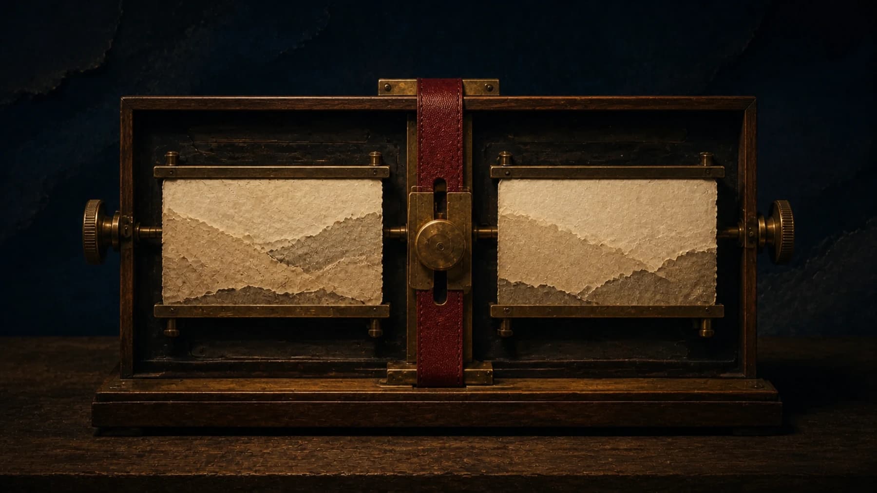 An aged-brass stereoscope keeps two cream paper views in separate rails while one oxblood calibration thread aligns them for comparison.