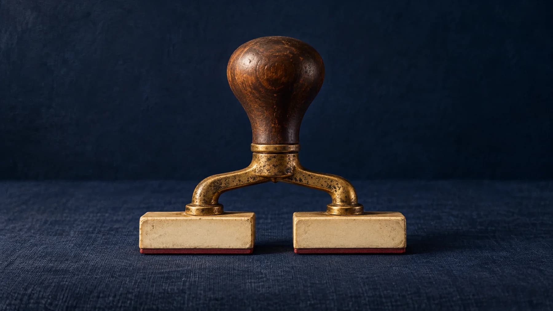 One walnut-handled stamp forks through aged brass into two separate cream stamp feet with thin oxblood undersides on midnight-blue linen.
