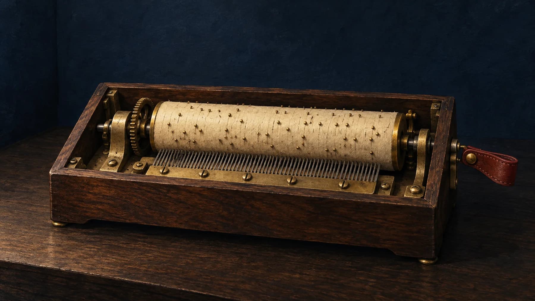 An open walnut music box holds a cream-paper pinned cylinder aligned with an aged-brass comb, with an oxblood winding tab against midnight blue.