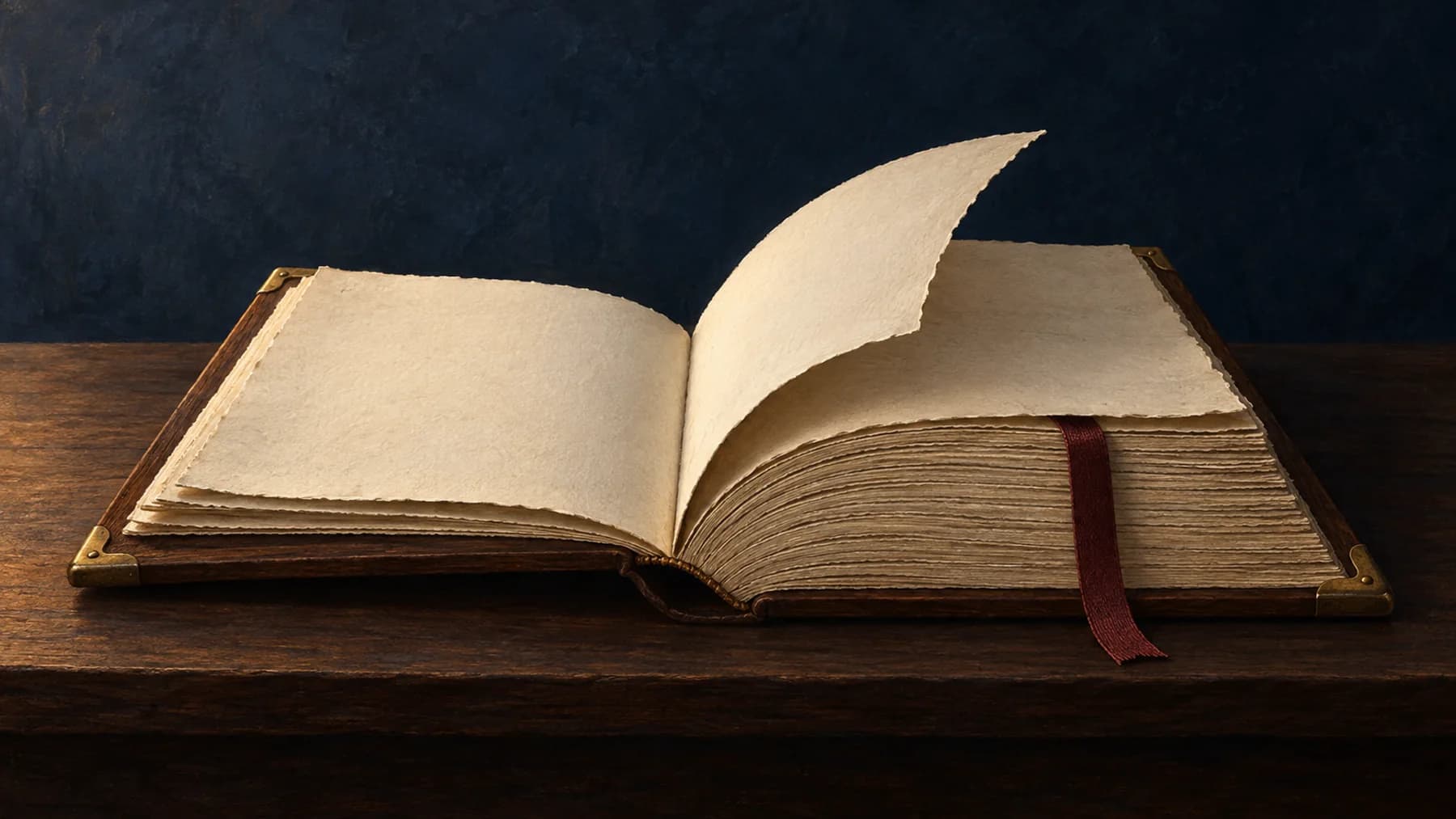 A walnut-bound book opens near its beginning, with one cream page arching above a thick unread block and an oxblood bookmark.