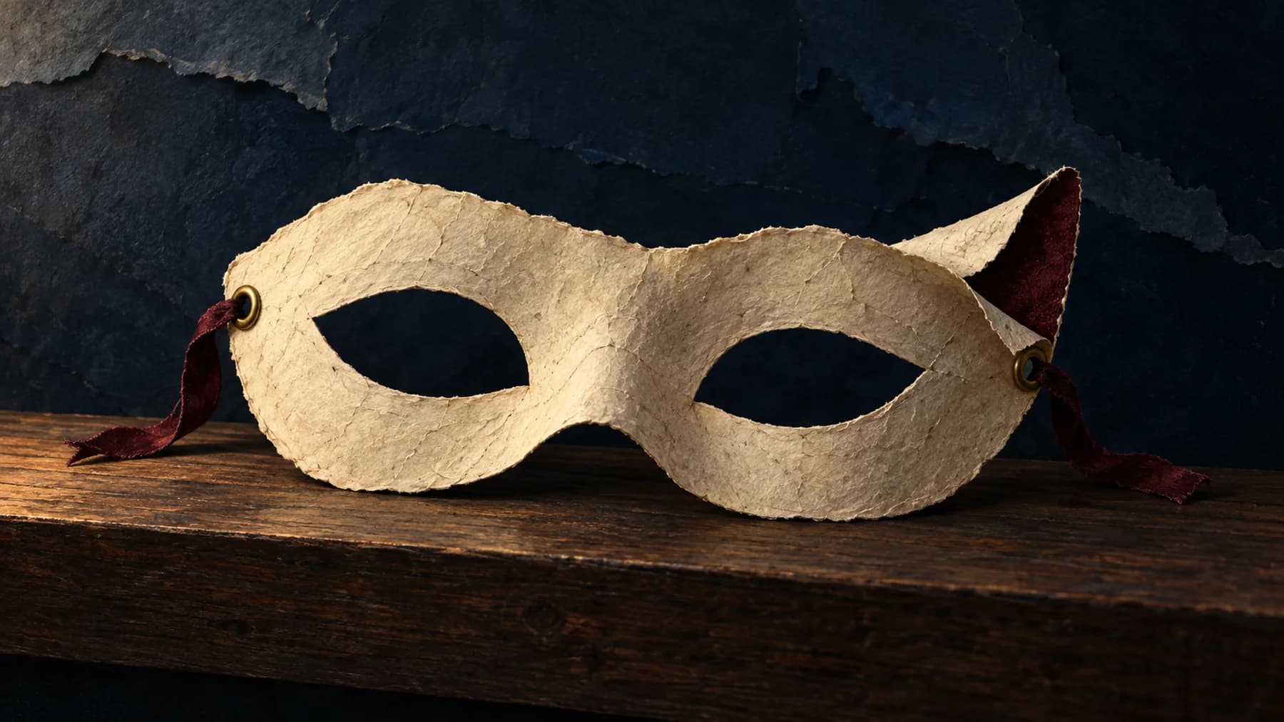 A cream-paper masquerade eye mask with aged-brass eyelets curls at one corner to reveal an oxblood lining on a walnut ledge.