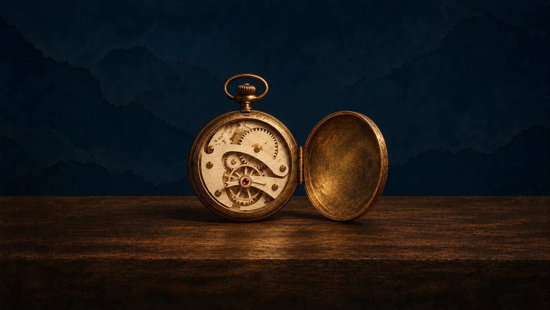 An antique brass pocket watch opens from the back to reveal a cream-paper mechanism, its hinged lid resting beside it on walnut against midnight blue.