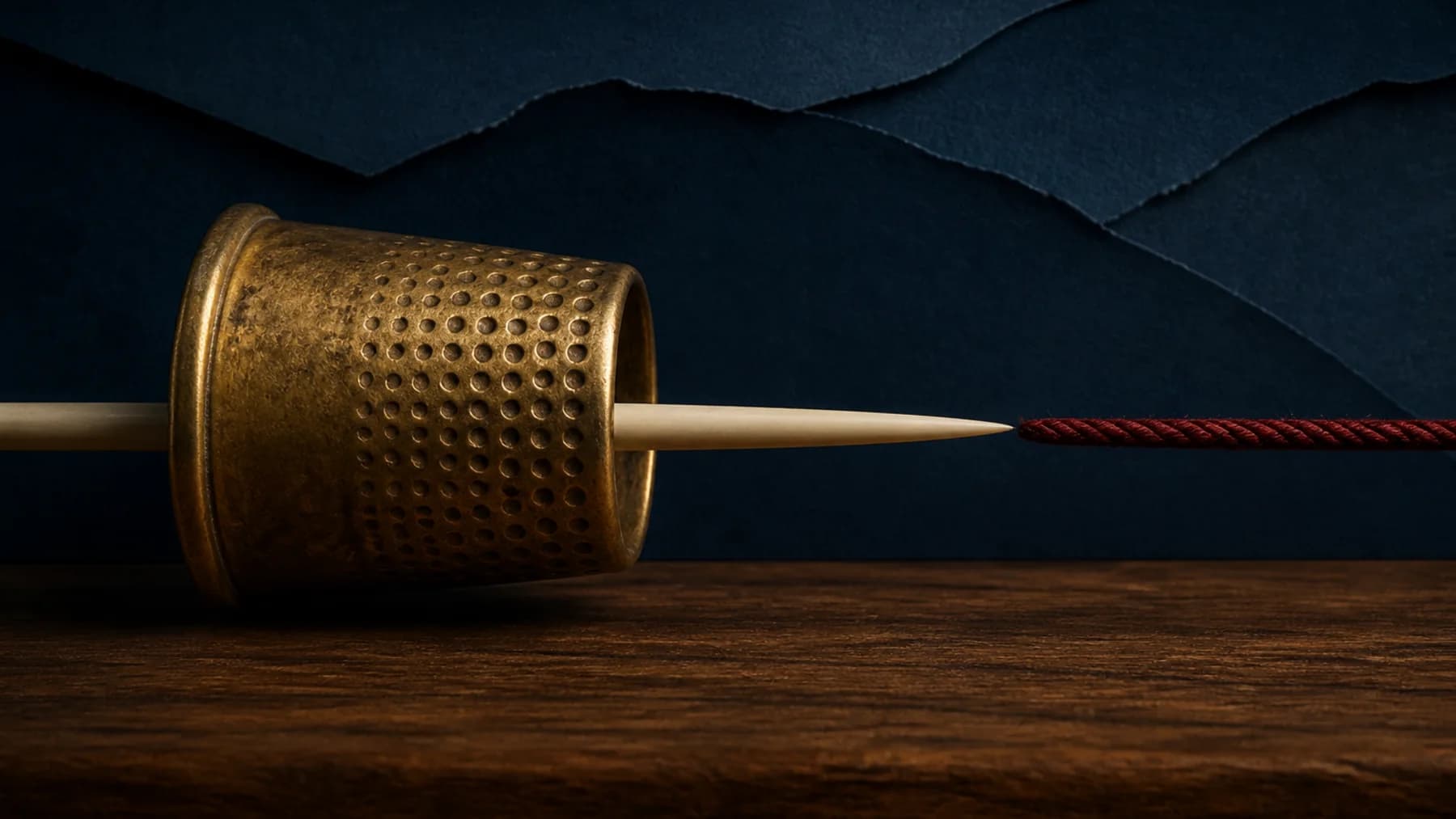 An aged-brass tailor’s thimble restrains an ivory needle just before it pierces a taut oxblood security cord.