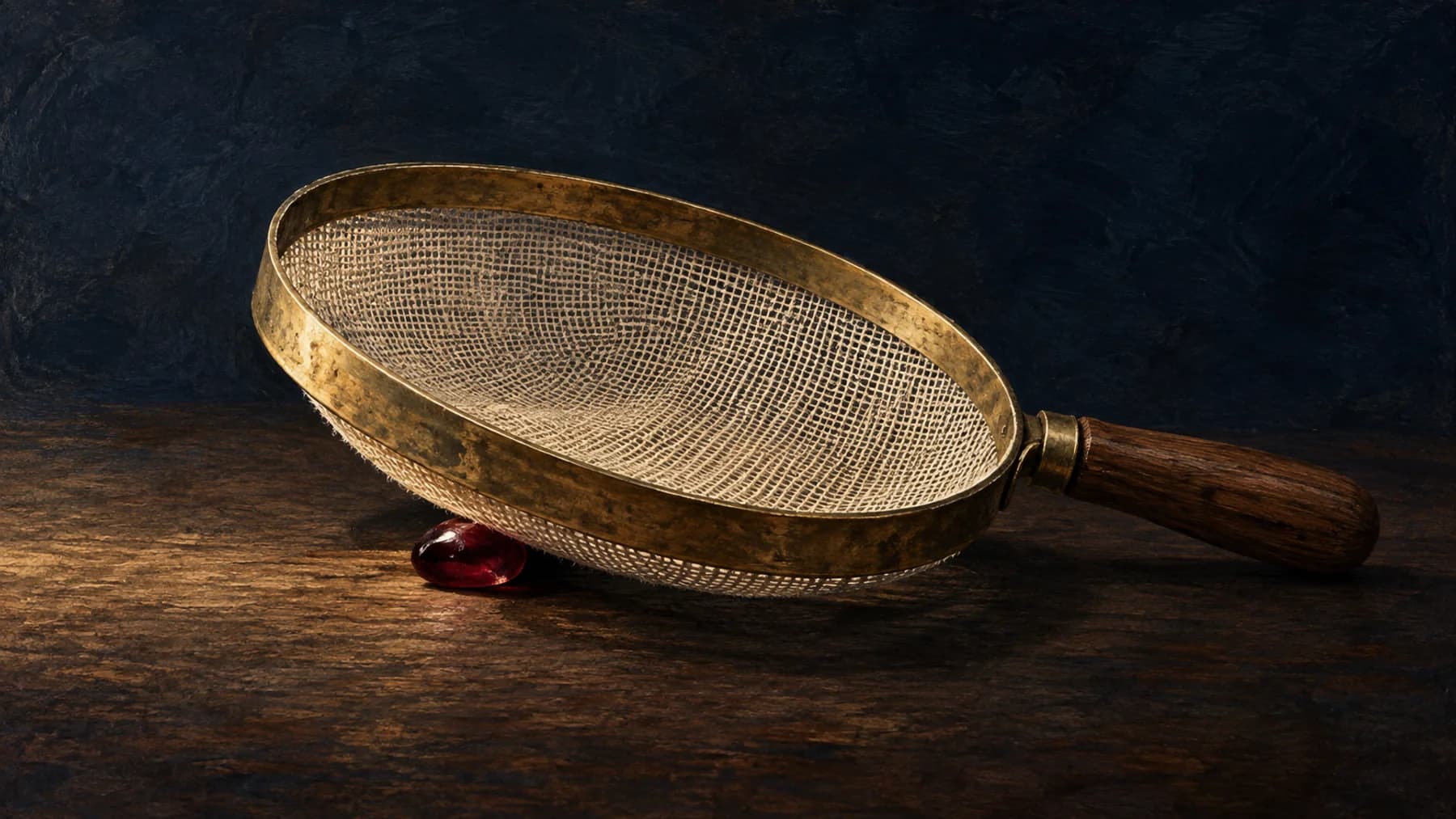 An empty aged-brass hand sieve with cream woven mesh rests over a single oxblood glass seed on walnut.