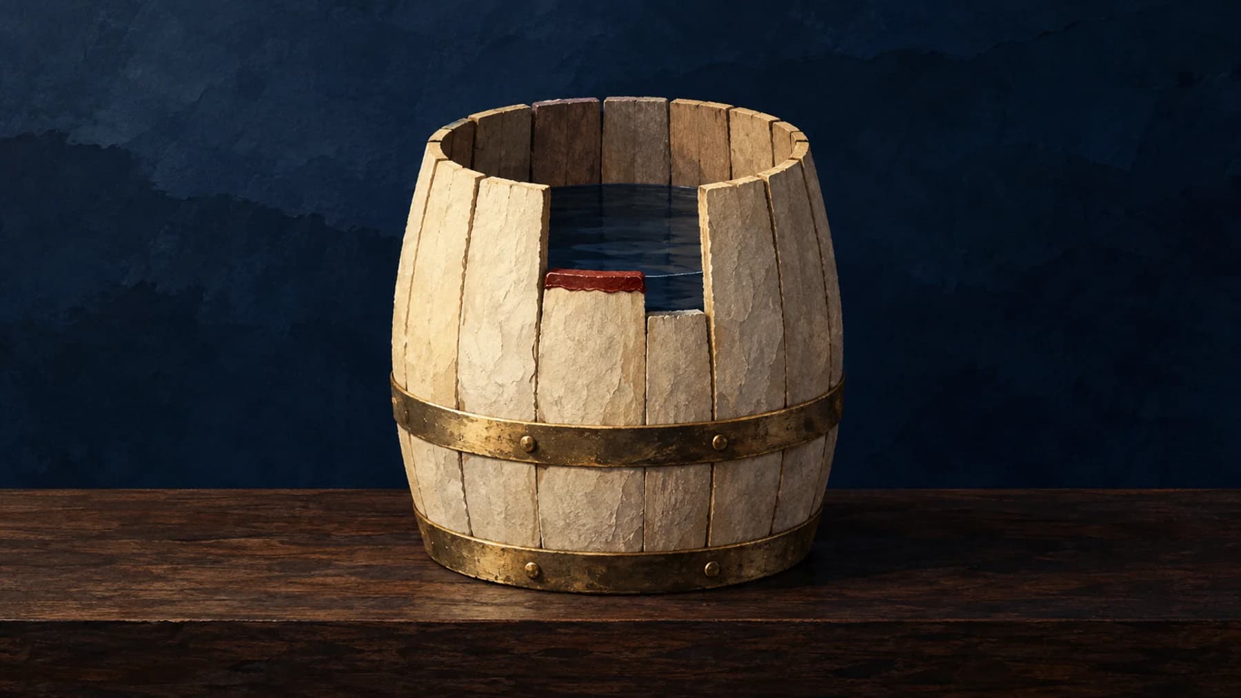 A cream-paper coopered barrel with aged-brass hoops has lowered front staves, one capped in oxblood wax, revealing dark water below its rim.