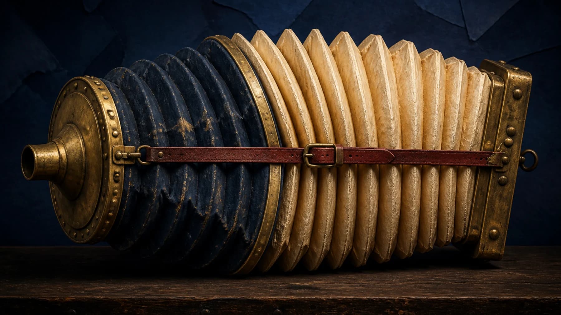 A monumental brass-bound cream and navy bellows strains against one taut oxblood restraint.