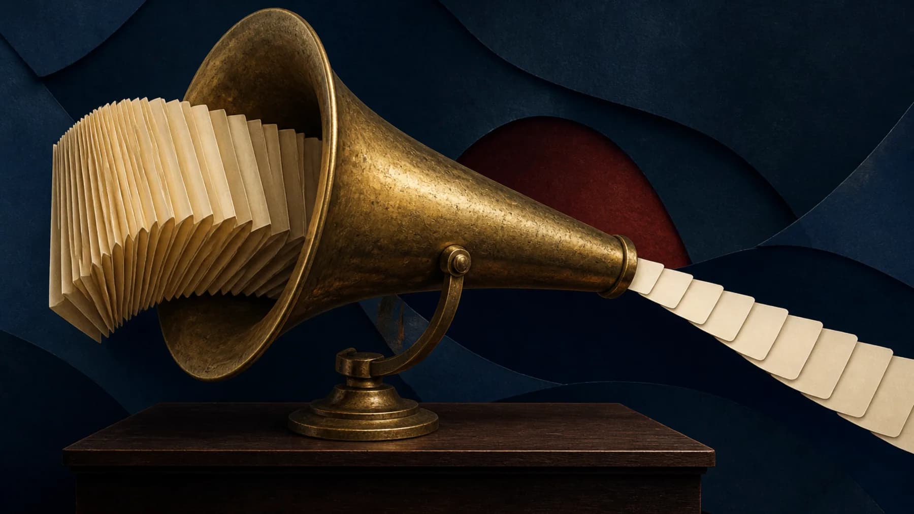 A monumental aged-brass speaking horn turns densely folded cream paper into a swift ribbon of blank ivory tiles.