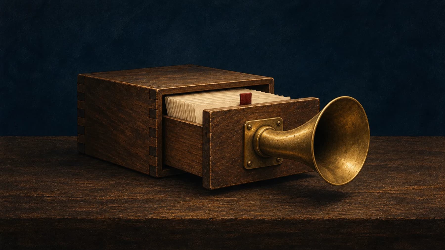 A walnut record drawer fitted with an aged-brass speaking tube, holding blank cream cards with one oxblood tab.